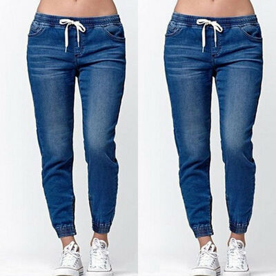 

Womens Casual Denim Jogger Pants Ladies Drawstring Pencil Stretch Skinny Elastic Waist Drawstring Jeans Solid