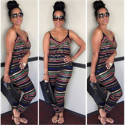 

Women Stripe Plus Size Bodycon Jumpsuit V-neck Romper Trousers Clubwear Party
