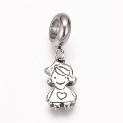 

304 Stainless Steel European Dangle Beads Large Hole Pendants Girl Antique Silver 24mm Hole 5mm Pendant 14x8x2mm