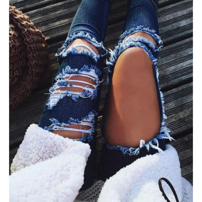 

Women Denim Skinny Ripped Pants High Waist Stretch Jeans Slim Pencil Trousers