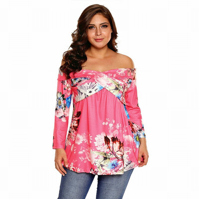 

Multi-color one-shoulder long-sleeved floral print retro straight top