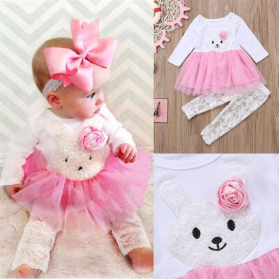 

Kids Baby Girls Princess Flower Bunny Lace Dress Top Pants Outfits Set Clothes