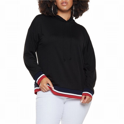 

Large size womens tri-color striped long-sleeved loose hooded sweatshirt