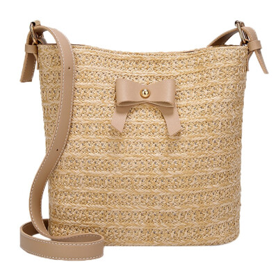 

Women Casual Shoulder Bag Bow Straw Bags Retro Handmade Woven Beach Bucket Bags Summer Holiday Crossbody Bag T30