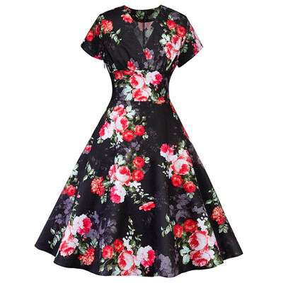 

Hepburn Vintage Series Dress Spring And Summer V-Neck Maple Leaf&Floral Printing Design Short Sleeve Corset Women Retro Dress