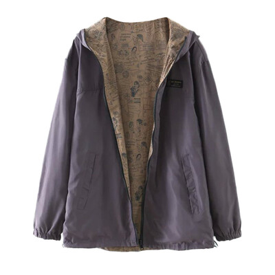 

Toponeto Women Casual Solid Color Print Wear Both Long Sleeve Hooded Jacket