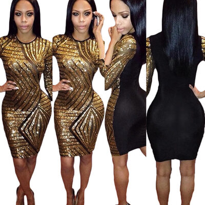 

New Sexy Women Bandage Dress Sheer Sequins Back Zipper 34 Sleeve Clubwear Cocktail Party Mini Dress Gold