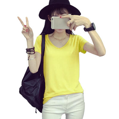 

Women Solid Color Cotton T Shirt Sexy V Neck Summer Short Sleeve Basic Tee
