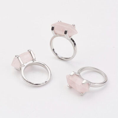 

Natural Rose Quartz Finger Rings with Alloy Ring Findings Platinum Bullet Size 8 18mm