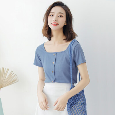 

Knit short sleeve square collar T-shirt Women Vintage O-neck Short sleeve Slim Fit t-shirt tight Summer Autumn Top Female