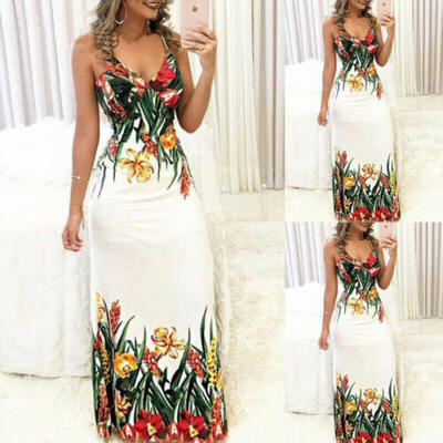 

Womens Sleeveless V-neck Floral Long Maxi Dress Casual Evening Summer Sundress