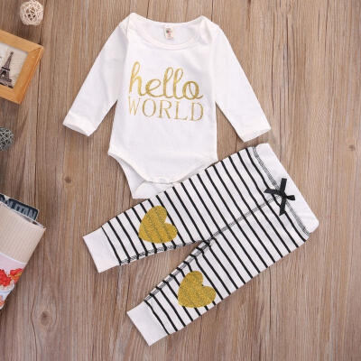 

Newborn Baby Girls Hello World Tops Romper Long Pants 2Pcs Outfits Set Clothes