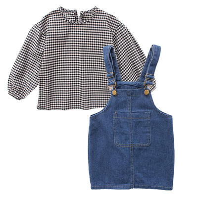 

2pcs Children Kids Girls Plaid Shirt Tops Denim Strap Jumpsuit Dress Set
