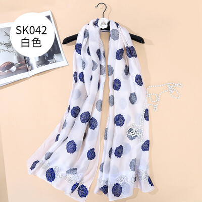 

New rose flower print scarf satin silk scarf super large sunscreen shawl art fan wild SK042