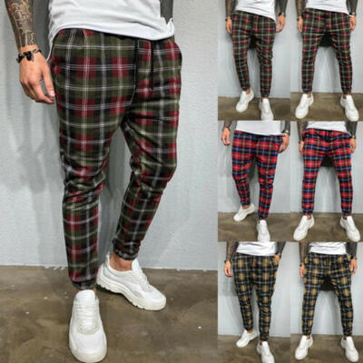 

Mens Plaid Check Casual Trousers Pants Jogger Jogging Slim Skinny Pants Fashion