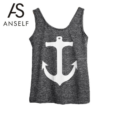 

New Fashion Women Tank Top Anchor Print Scoop Neck Sleeveless Casual Vest Top T-Shirt Grey