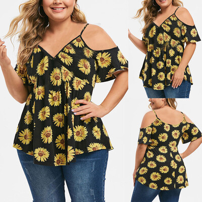

Starmoon Womens Plus Size Casual V-neck Flower Print Sling Strapless T-shirt Top