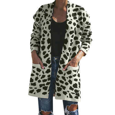 

Nomeni Fashion Women Knitted Leopard Print Long Sleeve Cardigan T-shirt Sweater Coat