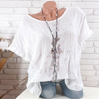 

Starmoon Women Casual Short Sleeve Lace Solid Fashion Loose Plue Size Tops Shirt Blouse