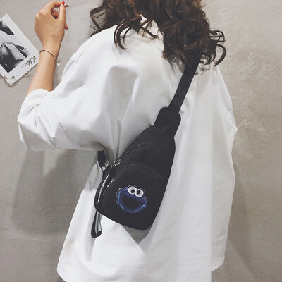 

Canvas small bag female new 2019 Korean version of the wild Harajuku student chest bag cartoon cute girl Sesame Street Pack