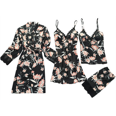 

Toponeto Women Sexy Satin Fashion Print Lace Bow Sleepwear Pajamas Sets 4 Pieces