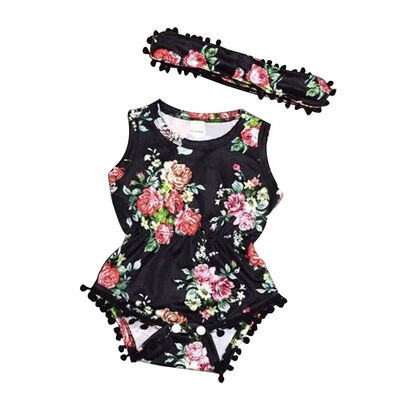

Infant Flower Printed Sleepwear Jumpsuit Bodysuit Romper with Headwear