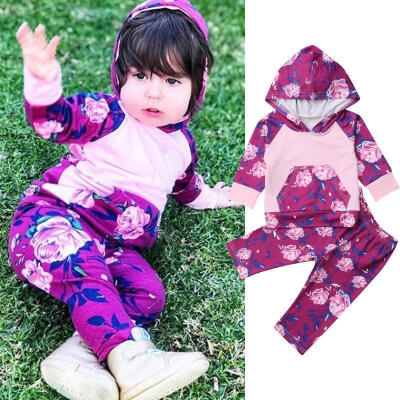 

Newborn Toddler Baby Girls Infant Clothes Hooded Tops Pants Infant 2pcs Outfits Sets Floral Tracksuit