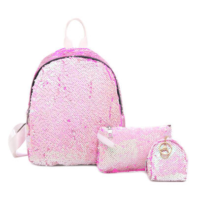 

3pcsset Sequins Women Casual PU Leather Travel Backpacks Purse Clutch