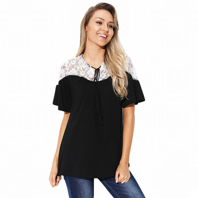 

Two-tone stitching round neck short-sleeved lace printed casual straight top
