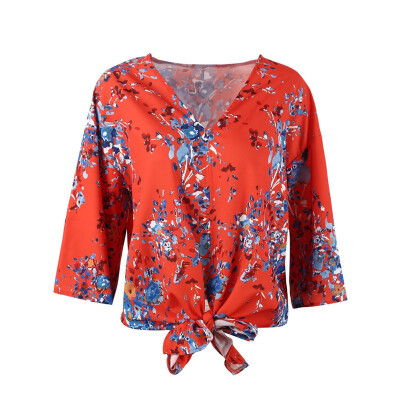 

Summer Shirt Women Shirt Three quarter Sleeve Female T-shirt floral V-neck Fashion