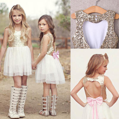 

Kids Sequins Baby Flower Girl Dress Bow Backless Party Gown Bridesmaid Dresses