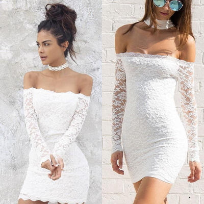 

Women Bandage Bodycon Lace Off Shoulder Evening Party Cocktail Short Mini Dress