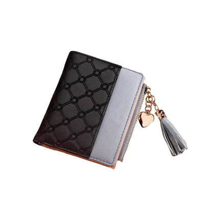

Women Color Block Embossed Heart Pendant Zipper Wallet Card Holder Short Purse