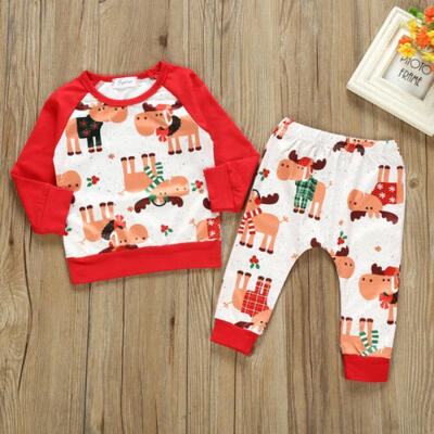 

2PCS Newborn Kids Baby Girl Boy T-shirt Top Pants Christmas Outfit Set Tracksuit