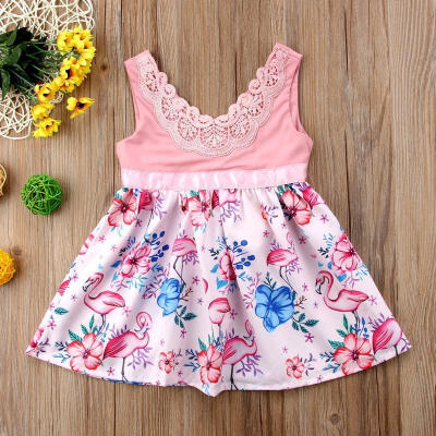 

Kids Baby Girls Dress Flamingo Lace Floral Casual Party Dresses Sundress Clothes