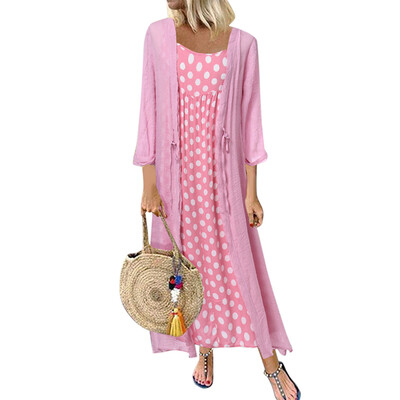 

Womens Two-piece Fashion Dot Flared Long Dress Long Sleeve Long Cardigan Coat Dress
