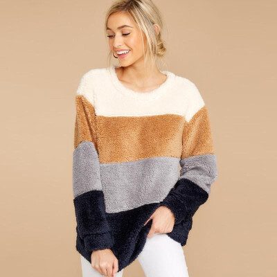 

Women Plus Size Loose Blouse Splice Color Block Sweater O Neck Long Sleeve Knitwear Casual Chic Oversized Tees Tops Jumpers