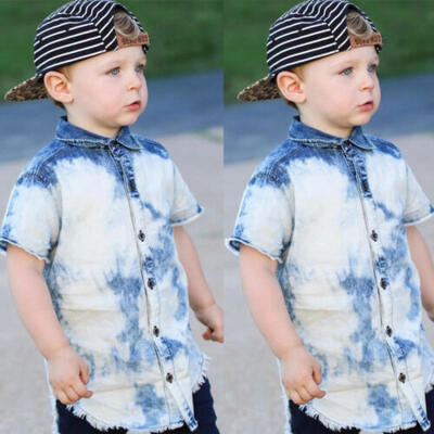 

UK Newborn Kids Baby Boy Sky Blue Denim Blouse Button Tops Jeans T-shirt Summer