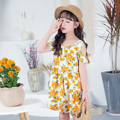 

Children Kids Girls Short Sleeve Sunflower Floral Princess Off Shoulder Dress