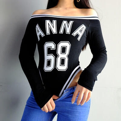 

Women Off Shoulder Long Sleeve Sexy Bodysuit Digital Print Bodycon Jumpsuit