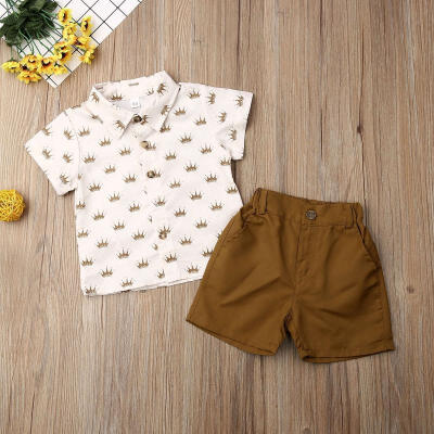 

Toddler Kids Boy Short Sleeve Crown Shirts Set Coffee Shorts Pants Outfits 2 Pieces 1-6 Years