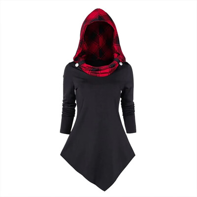 

Tailored Womens Long Sleeve Checked Panel Hooded Cloak Tunic Asymmetric Casual Tops