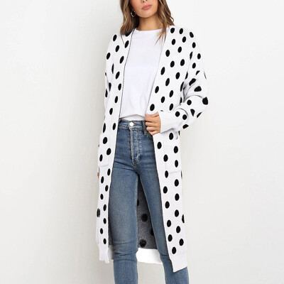 

Women Cardigan Sweater Polka Dot Printed Open Front Long Sleeve Loose Coat -XL