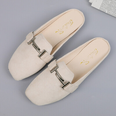 

Spring new Korean version of the square head drag flat with flat - bottom Baotou shoes a social lazy woman half - drag shoes