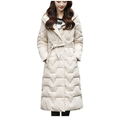 

Toponeto Women Fashion Outerwear Long Bow Belt Cotton-padded Jacket Pocket Hooded Coats