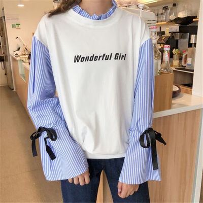 Women Autumn Winter Sweatshirt Striped Long Flare Sleeve Sweatshirt "Wonderful Girl"Printed Ruffled Collar Pullovers Tops