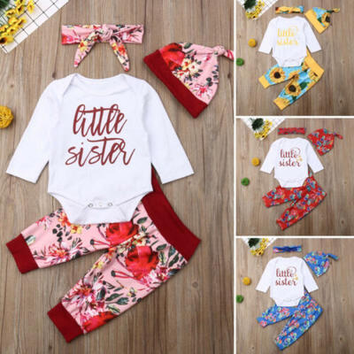 

US Newborn Baby Girl Little Sister Tops Romper Flower Pants 4Pcs Outfits Clothes