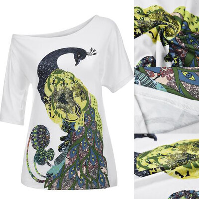 

Starmoon Women Summer Fashion Casual Off Shoulder Crop Tops Peacock T-Shirt Blouse