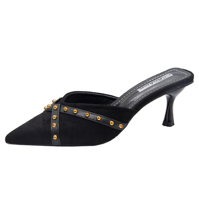 

High heel sandals&slippers women wear 2019 new summer rivets fashion fine with pointed Joker net red Baotou half slippers