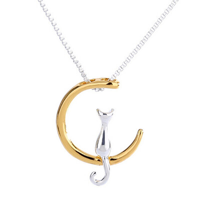 

Lovely Lady Moon Cute Cat Back to Pendant Chain Necklace Charm Jewelry Fashion